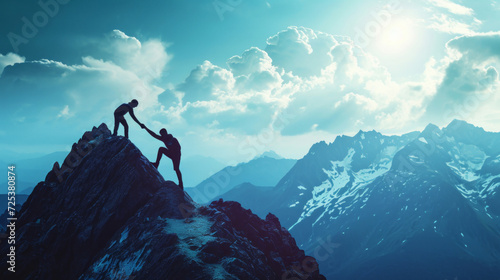 Two people are helping each other on top of a mountain, demonstrating camaraderie and conquering imbalance, like contest winners.