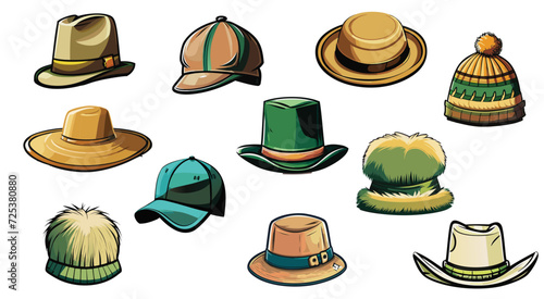 Cartoon hats. Female and male headwear, derby and cowboy, straw hat, cap, panama and cylinder. Summer women vintage fashion hats vector set. Illustration female and male accessories. 