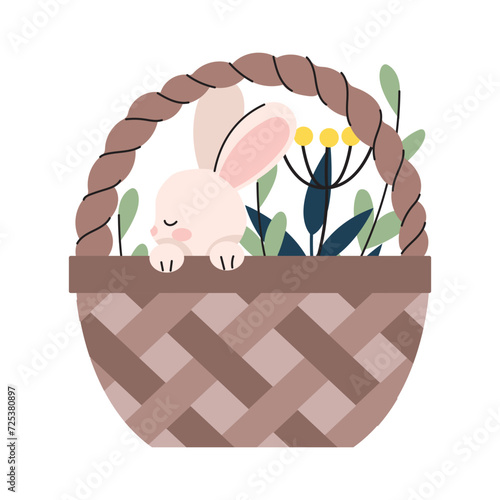 Easter cute bunny, eggs set. Adorable easter rabbit with traditional festive decor. Spring elements, eggs, Christian holiday, Easter baskets, flowers. Vector illustration isolated on white background