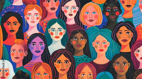 A large group of women with different colored hair is depicted in a colorful editorial illustration, forming a portrait of a female. © Duka Mer