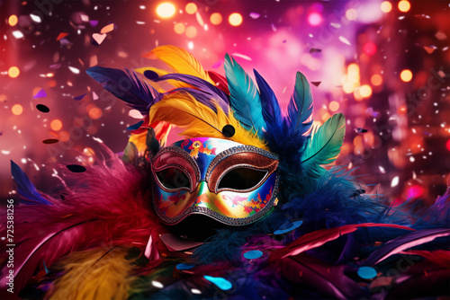 Vibrant carnival feather masks, confetti, and surreal textures on a colorful background create a festive spectacle. © Miracle Arts