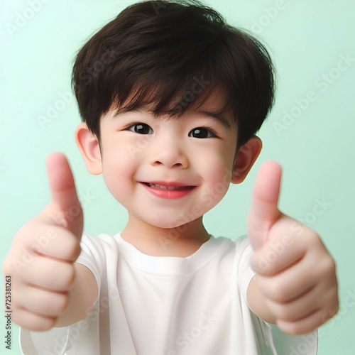 a smiling toddler boy in white t-shirt giving a thumbs up on light green background