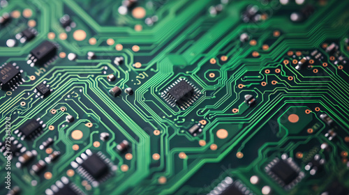 A printed circuit board, showcasing electronic circuitry, forms the texture of an electronic circuit.
