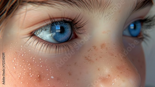 A child's blue eyes are depicted in a photorealistic hyper-detailed digital painting, showcasing amazing photorealistic graphics.