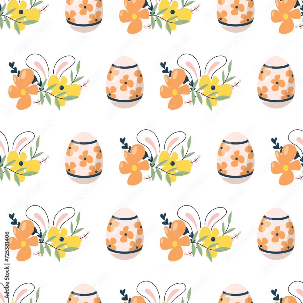 Fototapeta premium Easter seamless pattern. Adorable easter rabbit with traditional festive decor. Spring elements, eggs, Christian holiday, Easter baskets, flowers. Vector illustration isolated on white background