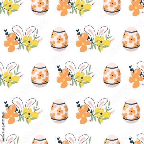 Easter seamless pattern. Adorable easter rabbit with traditional festive decor. Spring elements, eggs, Christian holiday, Easter baskets, flowers. Vector illustration isolated on white background