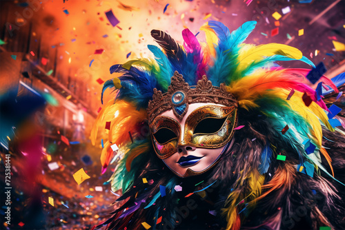 Vibrant carnival feather masks, confetti, and surreal textures on a colorful background create a festive spectacle.
