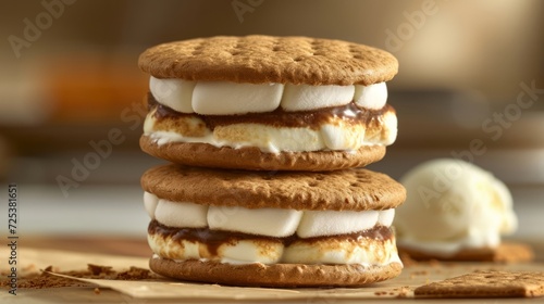 Three s'mores, made with marshmallow graham crackers, are stacked on top of each other, captured in a product photo. photo