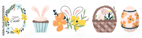 Easter cute bunny, eggs set. Adorable easter rabbit with traditional festive decor. Spring elements, eggs, Christian holiday, Easter baskets, flowers. Vector illustration isolated on white background