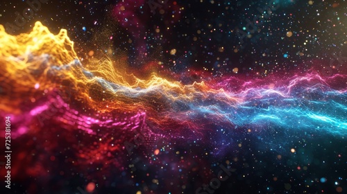 An image of a space filled with stars and nebulas is depicted, showcasing magic particles, magic swirls, and volumetric lighting.