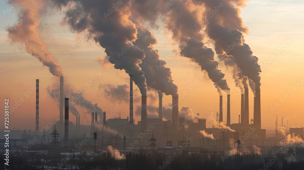 A factory with smokestacks is emitting smoke, indicating power plants with smoke, industrial fires, smog, and air pollution.