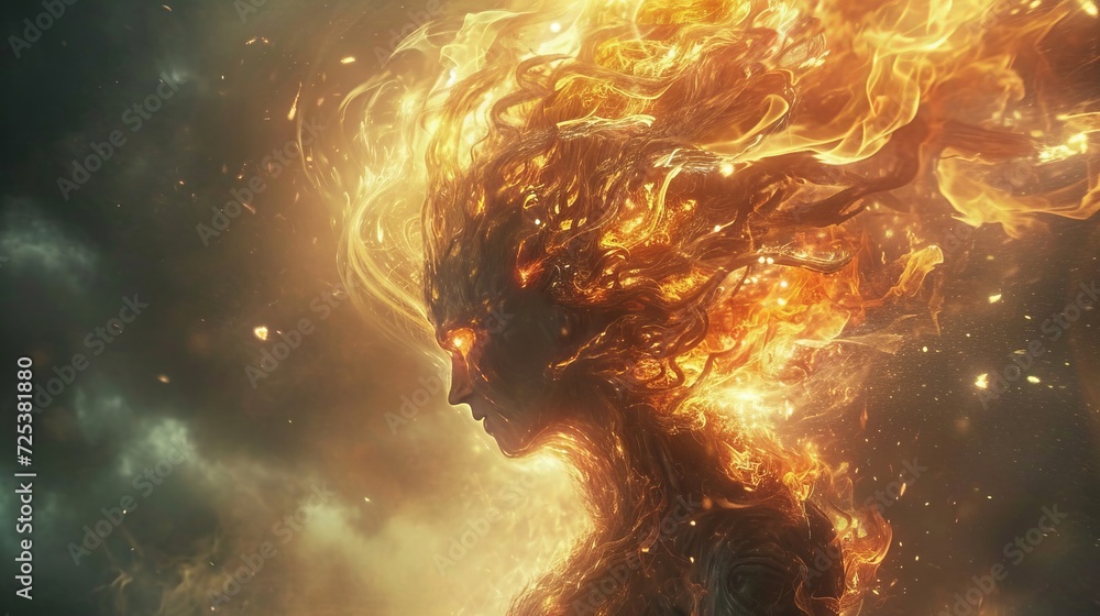 A person, inspired by an artist, has fire in their hair. A person, inspired by an artist, has fire in their hair.
