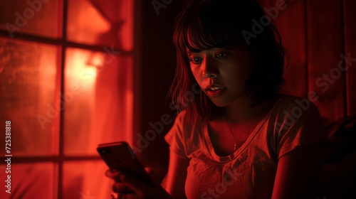 A woman is holding a cell phone in front of a window, captured in a shot on lenses with an f1.8 aperture. © Duka Mer