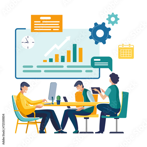 Work of employees in the office and team. People discuss of a business plan on a monitor, brainstorming a startup idea, creating a company vision, entrepreneur developing a mission.Vector illustration