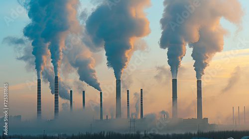 A group of smoke stacks is rising from a factory, indicating power plants with smoke, smokestacks, air pollution, and smoke from chimneys. photo