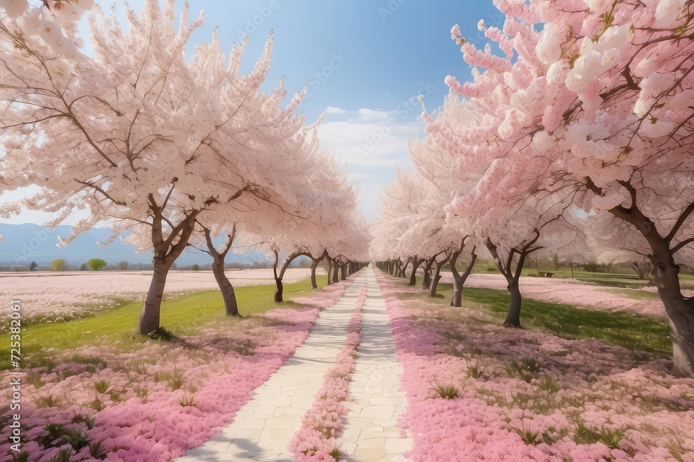 Fototapeta premium cherry blossom orchard, trees, pathway, photography backdrop, wedding backdrop, photoshop overlay,