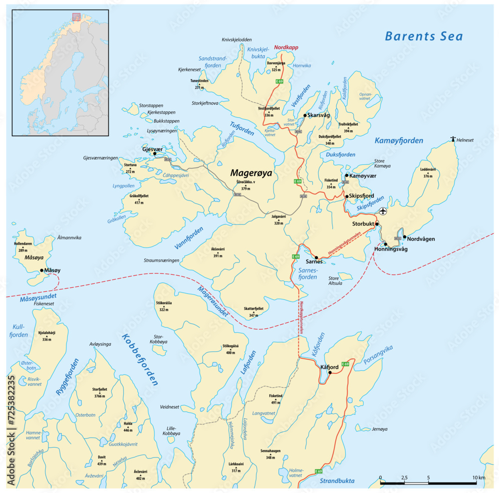 Vector road map of North Cape, Norway