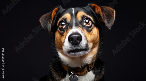 A dog is wearing a collar, captured in a pet photography portrait.