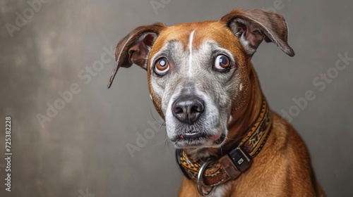 A dog, wearing a collar, is captured in pet photography, showcasing worrying eyes.