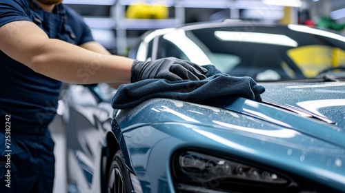 A man is waxing the hood of a blue sports car, demonstrating detail and care with unlimited detail and brushed rose gold car paint.