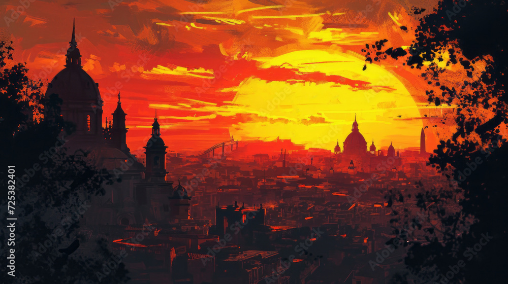 Naklejka premium A painting depicts a sunset over a city, showcasing epic red-orange sunlight.