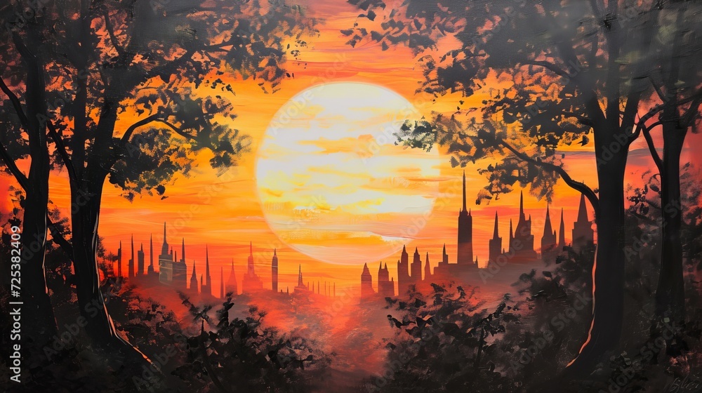 A painting of a sunset over a city is inspired by an artist, created in oil painting. - obrazy, fototapety, plakaty 