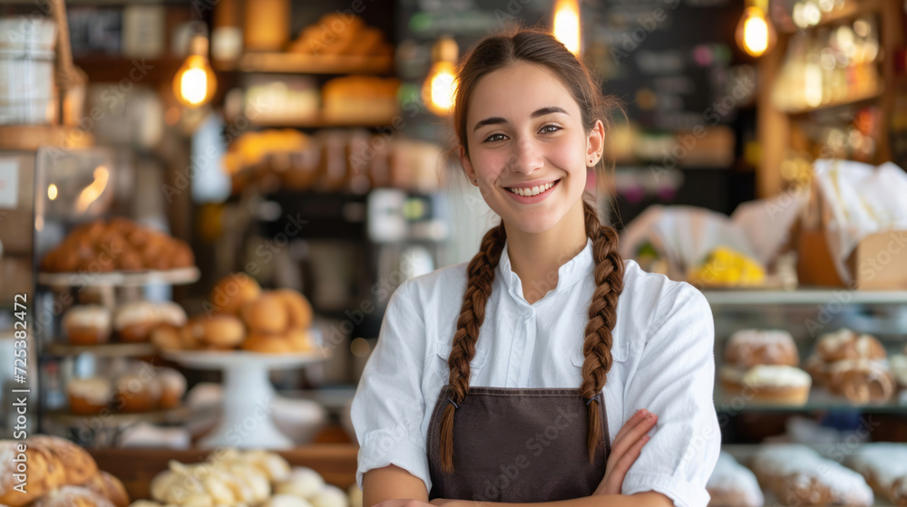 A woman, possibly a young business woman with braided brown hair, is standing in front of a bakery counter, captured in diffuse overhead lighting.