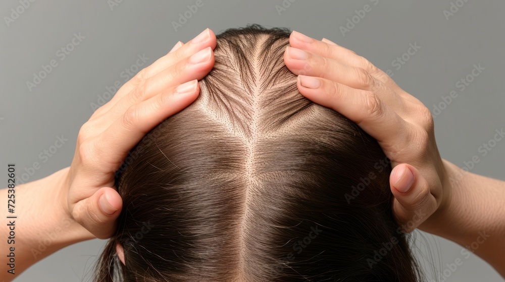 Naklejka premium A woman with thinning and thin lustrous hair has her hands on the top of her head, presenting a full head and shoulders in a symmetrical head-on centralized pose.