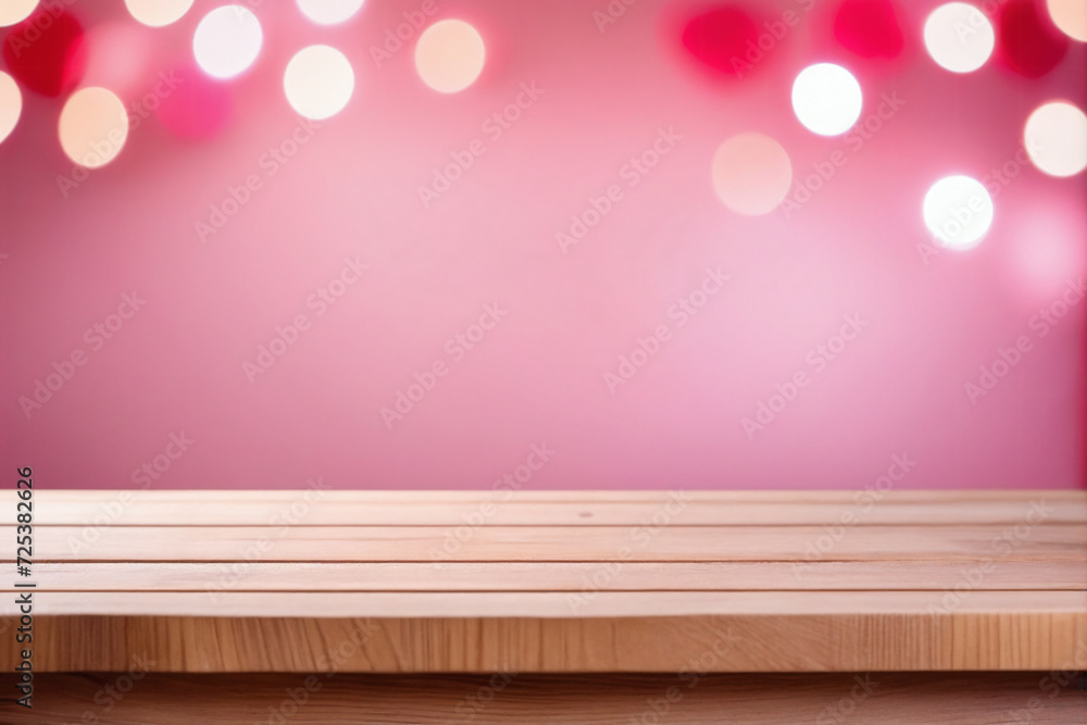Empty wooden table in front of abstract blurred pink valentine light background for product display Empty wooden table in front of abstract blurred pink valentine light background for product display