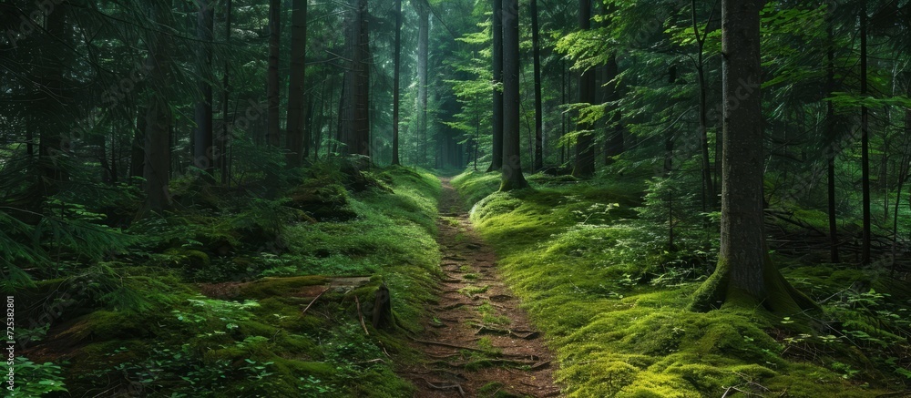 Fototapeta premium Where does the trail lead in the deep forest? To peace, love, or freedom?