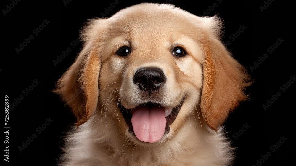 Joyful Golden Retriever Puppy with Shiny Golden Fur on Black - Generative AI