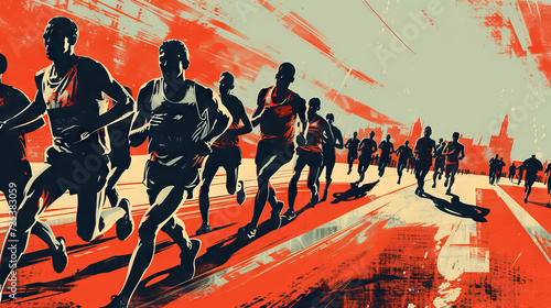 Group of young people running a race for boston marathon, national sports day background - AI Generated Abstract Art