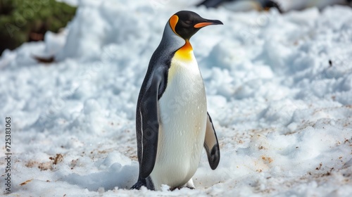 A fat penguin is standing in the snow.