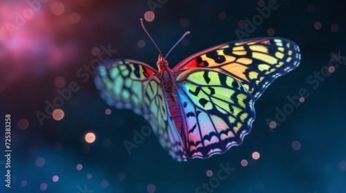 A butterfly is on a blurry background, illuminated by soft butterfly lighting and glowing butterflies. © Duka Mer
