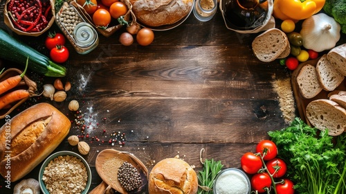 An array of fresh vegetables and bread on a rustic wooden surface