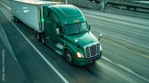 A green semi truck, which could also be a green pickup car, is driving down a highway.