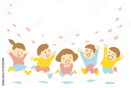 桜吹雪の中飛び跳ねる子どもたち