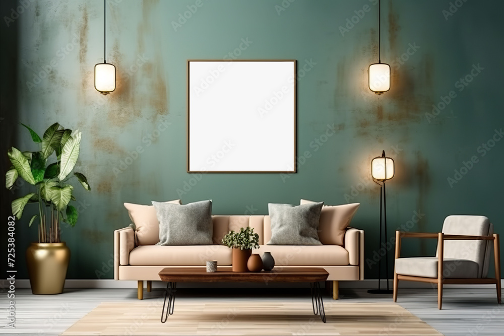 Stylish living room adorned with an abstract frame poster, featuring modern interior design, accompanied by a 3D render and illustration. Made with generative AI technology Stylish living room adorned with an abstract frame poster, featuring modern interior design, accompanied by a 3D render and illustration. Made with generative AI technology