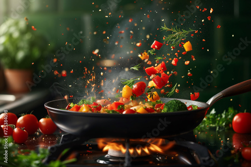 Fresh colored vegetables are flying from a hot frying pan on the stove photo