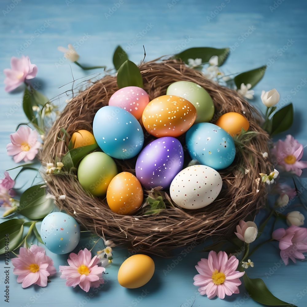 Easter background with colorful eggs in nest on a blue background with flowers. 