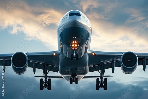 Modern air travel with airplane and aviation focusing on commercial jet at airport runway. Imagery suggests dynamics of flight transportation and intersection of technology and travel