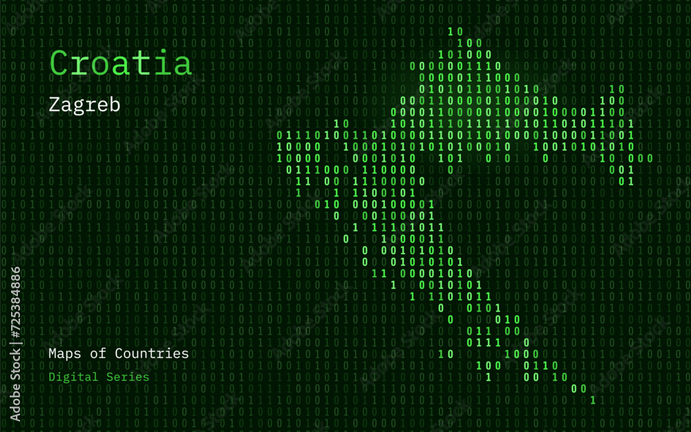 Croatia Map Shown in Binary Code Pattern. TSMC. Green Matrix numbers, zero, one. World Countries Vector Maps. Digital Series Croatia Map Shown in Binary Code Pattern. TSMC. Green Matrix numbers, zero, one. World Countries Vector Maps. Digital Series