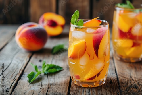 Refreshing Peach Sangria on wooden kitchen background