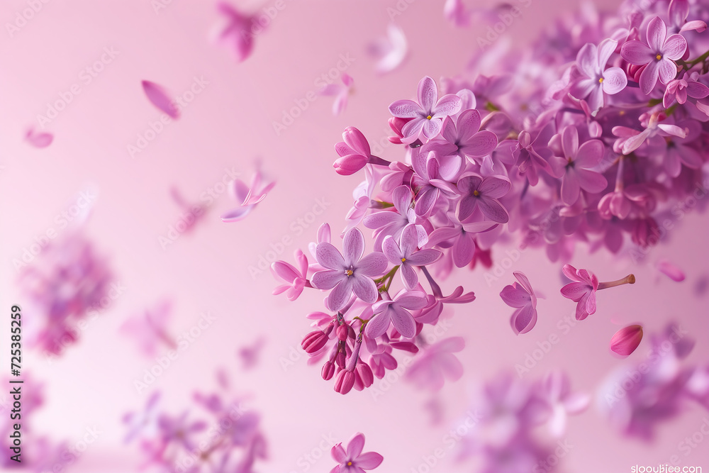 Fresh lilac blossom beautiful purple flowers falling on a pink background