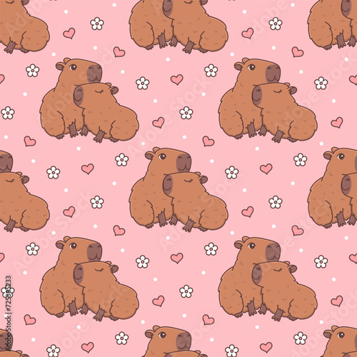 Seamless pattern with cute hugging capybaras in love. Funny cartoon rodent couple characters with heart and flower. Kawaii vector illustration on pink background. Animal print