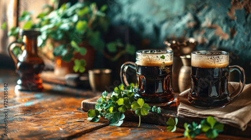 Glass pint of cold draft light lager or dark ale brewed beer with foam on table background. Brewery or pub bar advertising. Oktoberfest festival alcohol beverage or Saint Patricks day drink concept .