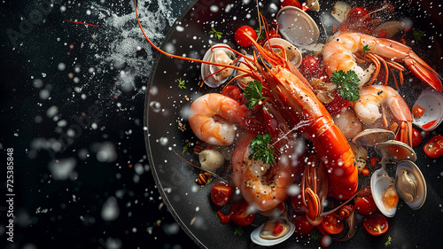 Fresh seafood flying into a pan isolated on black background