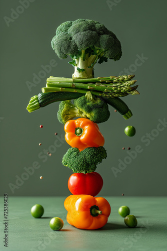 Fresh green vegetables balance on the table, green background, healthy eating, conceptual photo, creative