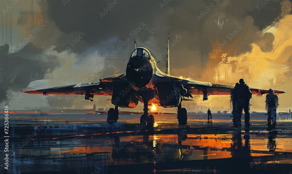 Military plane parked at air force airport with silhouette capture of pilot and military activity, business concept, company, website, advertisement etc. Generative AI Military plane parked at air force airport with silhouette capture of pilot and military activity, business concept, company, website, advertisement etc. Generative AI