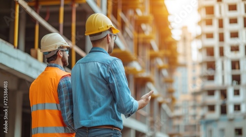 Architect Caucasian man working with colleagues mixed race in the construction site. Architecture engineering at workplace. engineer architect wearing safety helmet meeting